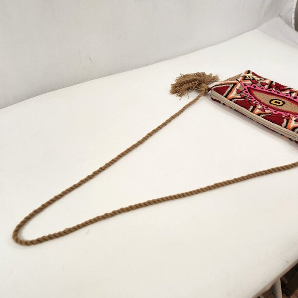 Wayuu Third Eye Clutch Bag Purse Tassels Deep Red Beige Handmade Colombia - Picture 8 of 13